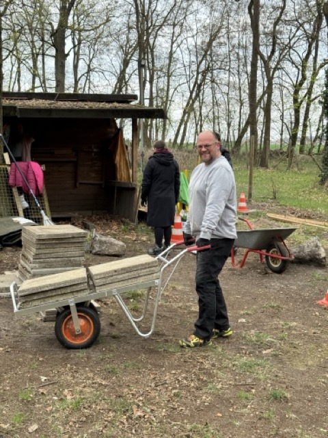 Ein Vereinsmitglied transportiert Gehwegplatten mit einer Schubkarre beim Arbeitseinsatz.